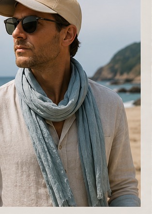 A man on the beach in a Gray Hour Dusk linen scarf and cap